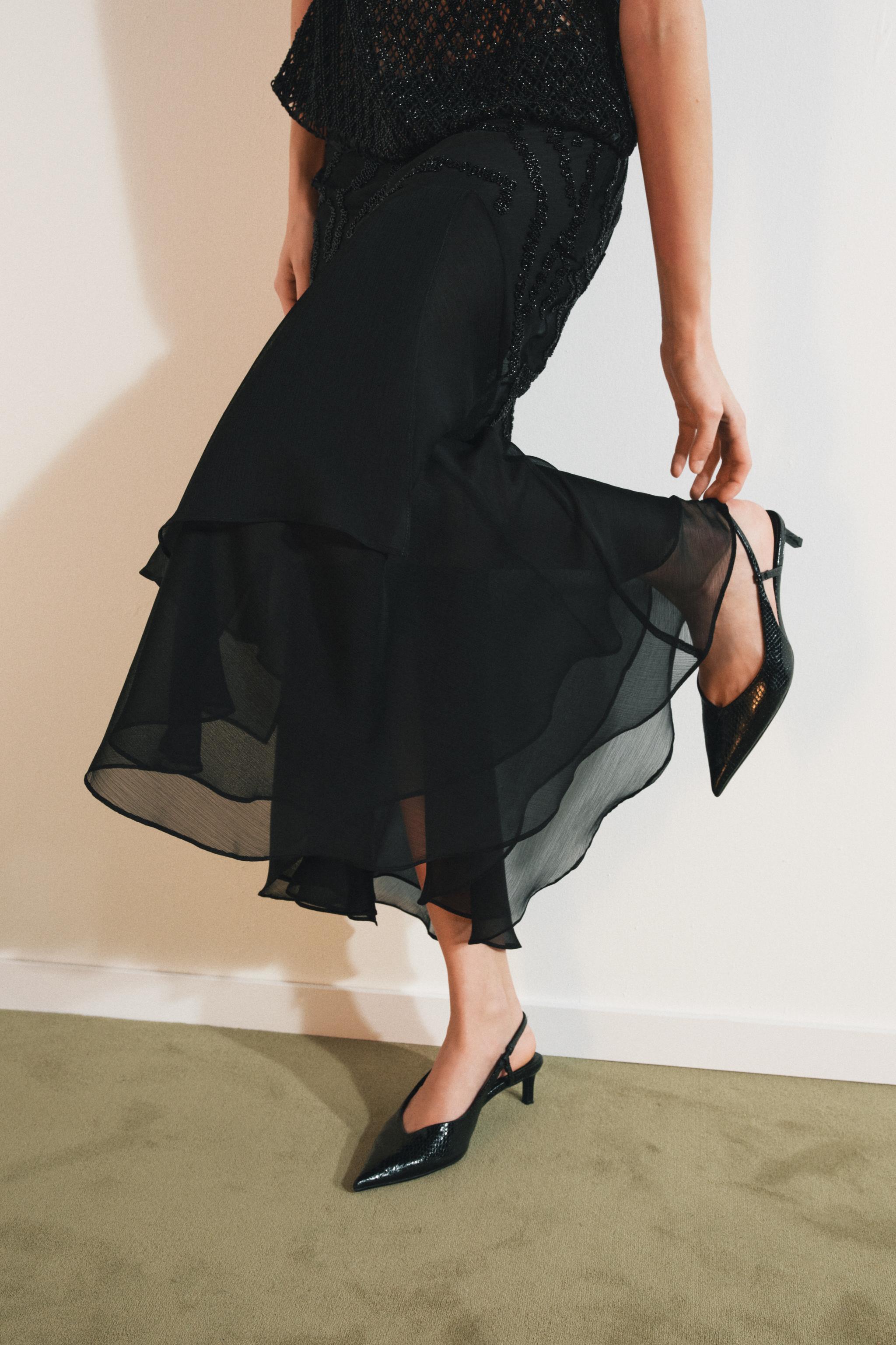 RUFFLED BEADED MIDI SKIRT